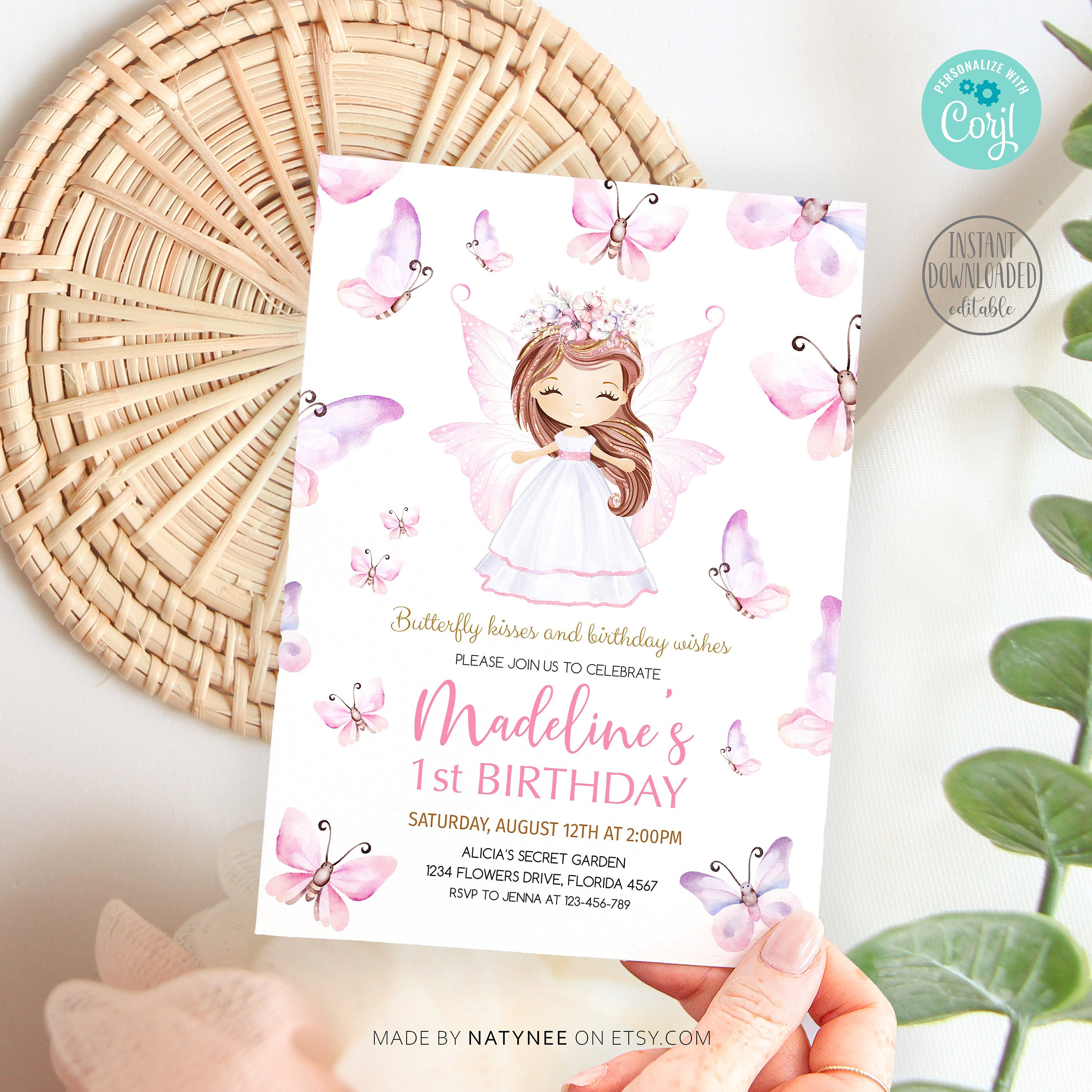 Butterfly 1st Birthday Invitation: Pastel Fairy Princess (editable