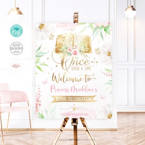 Sinal de boas-vindas EDITÁVEL, livro dourado, festa de primeiro aniversário. Era uma vez placa de porta da princesa. Bem vindo Royal Poster Primeira aniversariante. Modelo