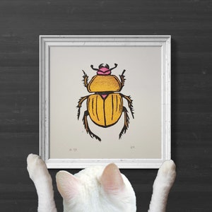 Trypocopris vernalis Beetle Woodcut Print Variable Edition Hand-painted Color-shift Watercolor