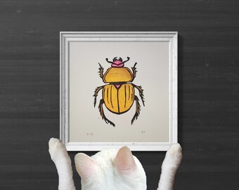 Trypocopris vernalis Beetle Woodcut Print Variable Edition Hand-painted Color-shift Watercolor