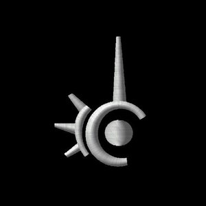 May include: A stylized silver logo with a circle and a pointed spike at the top. The circle has a smaller circle inside it.