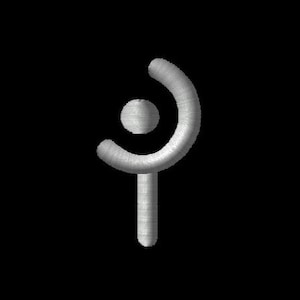 May include: A silver-colored symbol with a circle in the center and a crescent moon shape around it. The symbol is on a black background.