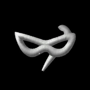 May include: A white masquerade mask with a long, thin nose piece. The mask is made of fabric and has a simple design.