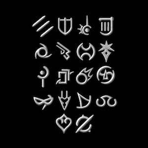 May include: A set of 20 silver-colored symbols, each representing a different job class in a fantasy role-playing game. The symbols are arranged in four rows of five symbols each.
