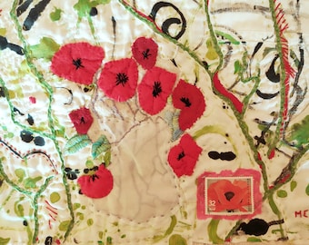 POPPIES, textile art around a postage stamp, wall art, embroidery