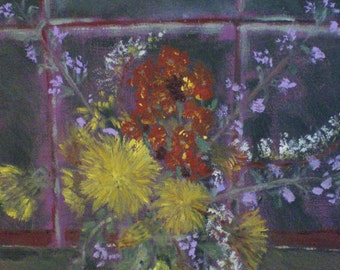 Spring in a jam jar, original signed oil on canvas paper, dandelions, wallflowers, rosemary