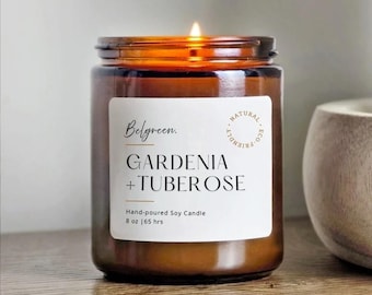 Gardenia & Tuberose Soy Candle Hand-poured Spring Floral Scented, Amber Jar, Home Decor Fragrance, Gift