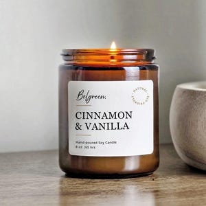 Cinnamon Vanilla Scented Soy Candle: 8 oz Amber Jar, Hand-Poured