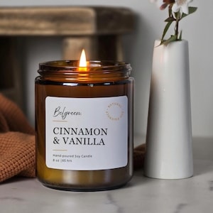 Cinnamon & Vanilla Scented Soy Candle Hand-poured 8 oz Amber Jar, Non-Toxic Fall Candle for Autumn Decor and Gifting