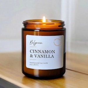 Cinnamon & Vanilla Scented Soy Candle Hand-poured 8 oz Amber Jar, Non-Toxic Fall Candle for Autumn Decor and Gifting
