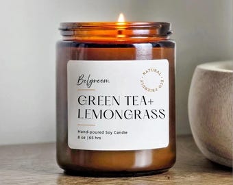 Green Tea & Lemongrass Soy Candle: Spa Aromatherapy Floral Citrus Scented Candle,  Natural Amber Jar