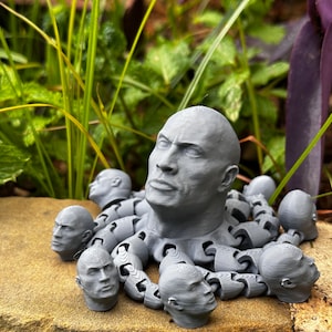 May include: A gray 3D-printed sculpture of a head with multiple smaller heads attached to tentacle-like appendages. The sculpture is set on a stone surface with green foliage in the background.