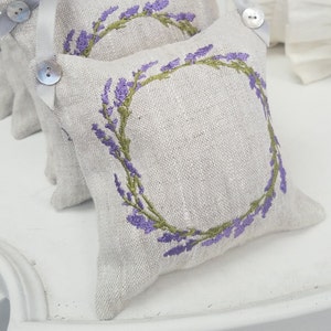 Lavender Sachet with Embroidered Wreath on Rustic Linen