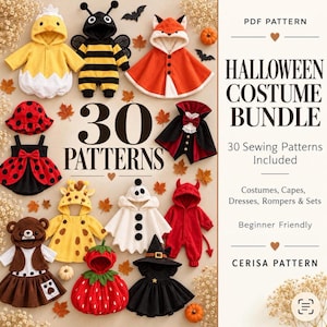 May include: A collection of 30 Halloween costume sewing patterns for children, including outfits like a bee, fox, ladybug, vampire, giraffe, ghost, devil, bear, strawberry, and witch. The text reads PDF PATTERN HALLOWEEN COSTUME BUNDLE.