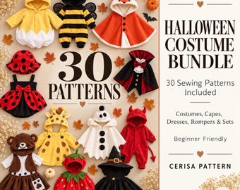 Op de afbeelding: Een verzameling van 30 Halloween-kostuum naaipatronen voor kinderen, waaronder outfits zoals een bij, vos, lieveheersbeestje, vampier, giraf, spook, duivel, beer, aardbei en heks. De tekst luidt PDF PATTERN HALLOWEEN COSTUME BUNDLE.