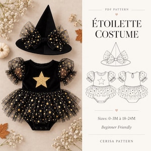 May include: A black velvet witch hat with a star-patterned tulle bow and a matching black velvet bodysuit featuring a gold glitter star applique, puff sleeves, and a star-patterned tulle skirt. The text reads ETOILETTE COSTUME, Sizes: 0-3M to 18-24M.