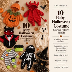 May include: A PDF sewing pattern bundle for 10 baby Halloween costumes, featuring images of various rompers including a pumpkin, devil, vampire, ghost, and skeleton, alongside hats and accessories with text detailing sizes from 0-3M to 3-4Y.