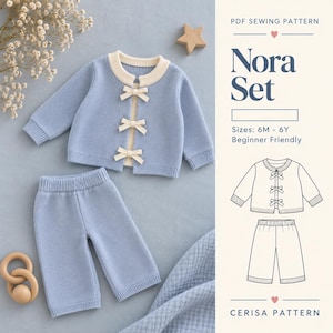 Cardigan and Wide Leg Pants Sewing Pattern PDF | Baby Toddler Bow Tie Knit Set | Sweater Knit Outfit | Sizes 6M-4Y | Nora Set