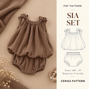 May include: A brown sleeveless top with gathered fabric and shoulder ties paired with matching bloomers. The image includes a PDF pattern labeled SIA SET, sizes 6M - 6Y, and CERISA PATTERN, featuring a line drawing of the garment set.