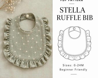 Op de afbeelding: Een saliegroene slabbetje met een wit sterrenpatroon en een geplooide rand. De afbeelding bevat de tekst PDF PATTERN STELLA RUFFLE BIB, Sizes: 0-24M, Beginner Friendly en CERISA PATTERN, naast een zwart-witte lijntekening.