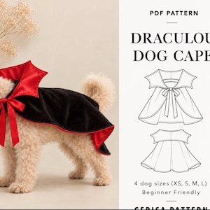May include: A PDF pattern for a Draculou dog cape featuring a black velvet cape with a red satin lining, a high collar, and a red ribbon tie. The image includes a technical line drawing of the cape and text reading PDF PATTERN DRACULOU DOG CAPE.
