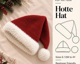 Op de afbeelding: Een rode gebreide muts met een witte pluizige rand en een witte pompon. De tekst luidt PDF PATTERN Hotte Hat, Sizes 6-12M to 4Y, en Beginner Friendly. De afbeelding bevat lijntekeningen van de muts en de pompon op een lichte achtergrond.