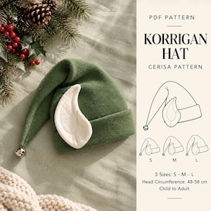 May include: A green felt hat with a long pointed tip, a silver jingle bell, and a white ear-shaped applique. Text reads PDF PATTERN KORRIGAN HAT CERISA PATTERN. Includes size diagrams for S, M, L and head circumference of 48-58 cm.