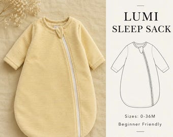 May include: A pale yellow long-sleeve sleep sack with a ribbed texture and a diagonal white zipper. The text reads: PDF PATTERN, LUMI SLEEP SACK, Sizes: 0-36M, Beginner Friendly, CERISA PATTERN. Includes a line drawing of the sleep sack.