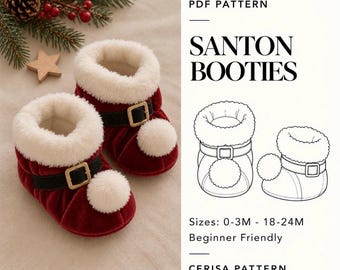Op de afbeelding: Een paar baby-laarsjes van rood fluweel met witte imitatiebontrand, een zwarte band met gouden gesp en een witte pompon. De tekst luidt PDF PATTERN SANTON BOOTIES, Sizes: 0-3M - 18-24M, Beginner Friendly, CERISA PATTERN.