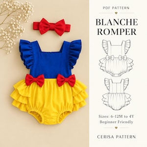 Può includere: Una tutina blu e gialla con maniche a volant e due fiocchi rossi in vita, abbinata a una fascia per capelli con fiocco rosso. L'immagine include il testo PDF PATTERN BLANCHE ROMPER, Sizes: 6-12M to 4Y, Beginner Friendly, CERISA PATTERN.