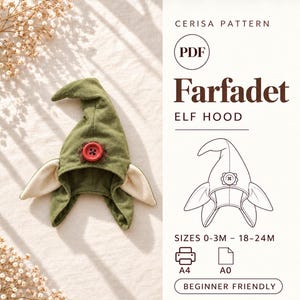 Peut inclure: Une capuche d'elfe verte avec des rabats d'oreilles crème et un bouton rouge. Le texte indique : CERISA PATTERN, PDF, Farfadet ELF HOOD, SIZES 0-3M - 18-24M, A4, A0, BEGINNER FRIENDLY. Inclut un dessin au trait de la capuche.