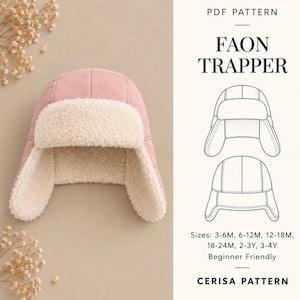 Baby Trapper Hat Sewing Pattern PDF | Fawn Ears Winter Hat with Ear Flaps and Ties | Baby and Toddler | Sizes 0-3M to 4Y | Fawn Trapper