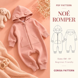 Op de afbeelding: Een oudroze romper met capuchon, ritssluiting aan de voorzijde, lange mouwen, geribbelde boorden en een kangoeroezak. De capuchon heeft kleine afgeronde oortjes. Tekst rechts: PDF PATTERN NOÉ ROMPER, maten 0M-6Y en CERISA PATTERN.