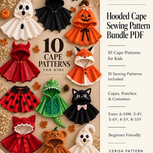 May include: A PDF sewing pattern bundle for 10 children's hooded capes, ponchos, and costumes. The image displays various finished capes including a ghost, bat, pumpkin, devil, fox, ladybug, dinosaur, cat, bear, and another ghost design with text.