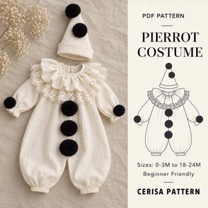 Pierrot Costume Sewing Pattern PDF | Baby Clown Romper with Ruffle Collar & Hat | Halloween Costume | Sizes 0-24M | Pierrot