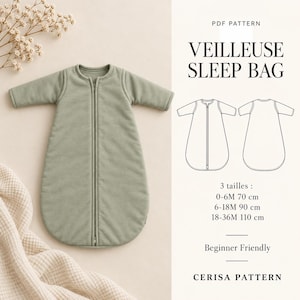 Puede incluir: Un saco de dormir de manga larga en color verde salvia con cremallera central. La imagen incluye una etiqueta PDF PATTERN, un dibujo lineal del frente y la espalda, y texto con tres tallas: 0-6M 70 cm, 6-18M 90 cm y 18-36M 110 cm.