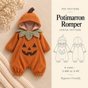 Puede incluir: Un mameluco con capucha de calabaza con un tallo marrón, cuello de hojas verdes y una cara de jack-o'-lantern al frente. El texto dice PDF PATTERN, Potimarron Romper, CERISA PATTERN, 6 sizes: 3-6M to 3-4Y, y Beginner Friendly.