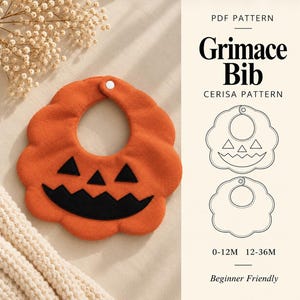 May include: An orange pumpkin-shaped bib with a black felt jack-o'-lantern face, featuring two triangular eyes, a small triangular nose, and a jagged mouth. The bib has a white snap closure and is labeled PDF Pattern Grimace Bib.