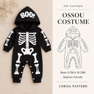 Op de afbeelding: Een zwarte onesie met capuchon, een witte skeletprint en het woord BOO op de capuchon. Daarnaast een PDF-patroon voor het OSSOU COSTUME, inclusief een lijntekening, maten 0-3M tot 18-24M en de tekst CERISA PATTERN.