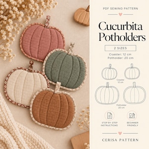 Pumpkin Potholder Sewing Pattern PDF | Quilted Pumpkin Coaster and Pot Holder | Fall Kitchen Decor | 2 Sizes 12 & 20 cm | Cucurbita