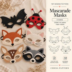 May include: A PDF sewing pattern for Mascarade Masks featuring six animal designs: a black bat, red ladybug, orange fox, white cat, brown deer, and gray raccoon. The pattern includes two sizes for children 3-8 years and teen-adult, with step-by-step instructions.