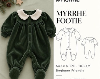 Op de afbeelding: Een donkergroene romper met lange mouwen, een crèmekleurige kraag en drukknopen. De tekst luidt PDF PATTERN MYRRHE FOOTIE, Sizes: 0-3M - 18-24M, Beginner Friendly, CERISA PATTERN, naast een zwart-witte lijntekening van het ontwerp.