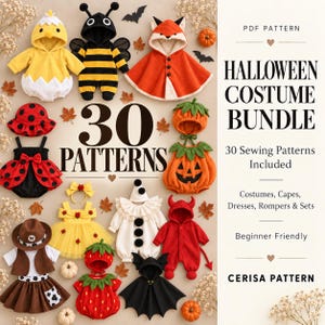 Könnte beinhalten: Ein PDF-Schnittmuster-Paket mit 30 Halloween-Kostüm-Nähanleitungen für Kinder, darunter Strampler, Umhänge und Kleider in Form von Tieren, Insekten und festlichen Figuren wie Biene, Fuchs, Kürbis, Marienkäfer, Erdbeere und Teufel.