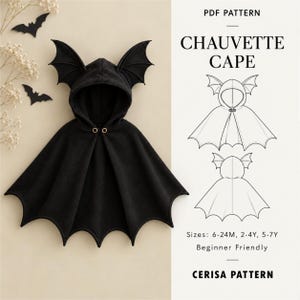 Fledermaus-Umhang-Schnittmuster (PDF) | Halloween-Umhang für Kinder mit Kapuze und Fledermausflügeln | Größen 6 Monate–7 Jahre | Chauvette-Umhang