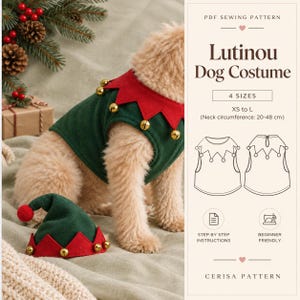 Può includere: Un cartamodello PDF per un costume da cane Lutinou, composto da un gilet in stile elfo verde e rosso con campanellini dorati e un cappellino abbinato. Il modello include 4 taglie dalla XS alla L, per circonferenze collo di 20-48 cm.