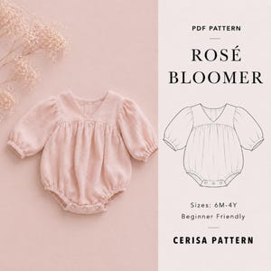 Patrón de costura en PDF para mono burbuja | Mono de manga abullonada para bebé y niña pequeña | Mono de doble gasa con cuello en V | Tallas 6M-4Y | Rosa bombacho