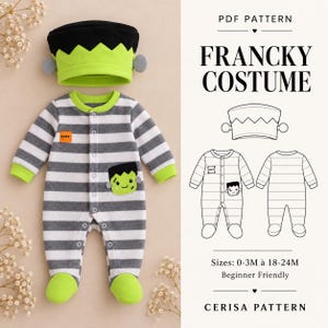 May include: A PDF pattern for a Francky costume featuring a striped footed sleeper with a green monster face patch and a matching black and green hat. The design includes technical line drawings, sizing from 0-3M to 18-24M, and the text Cerisa Pattern.