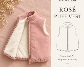 Op de afbeelding: Een oudroze corduroy vest met een witte sherpa voering en een rits aan de voorzijde. De tekst luidt PDF PATTERN ROSÉ PUFF VEST, Sizes: 0M-7Y, Beginner Friendly, CERISA PATTERN, inclusief een lijntekening van het vest.