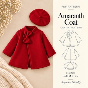 Patrón de costura en PDF para abrigo de bebé | Abrigo de lana para niños pequeños con lazo y boina | Chaqueta de invierno de lana | Conjunto navideño | Tallas 6M-4Y | Abrigo Amaranth