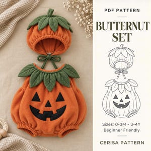 Pumpkin Costume Sewing Pattern PDF | Baby Halloween Bubble Romper and Bonnet | Jack O Lantern Outfit | Sizes 0-3M to 3-4Y | Butternut
